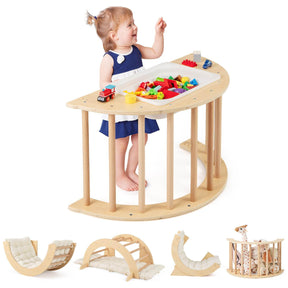 6 in 1 Kids Climbing Arch Playset, Indoor Wooden Climbing Toy Rocker Chair w/Removable Cushion & Stoppers