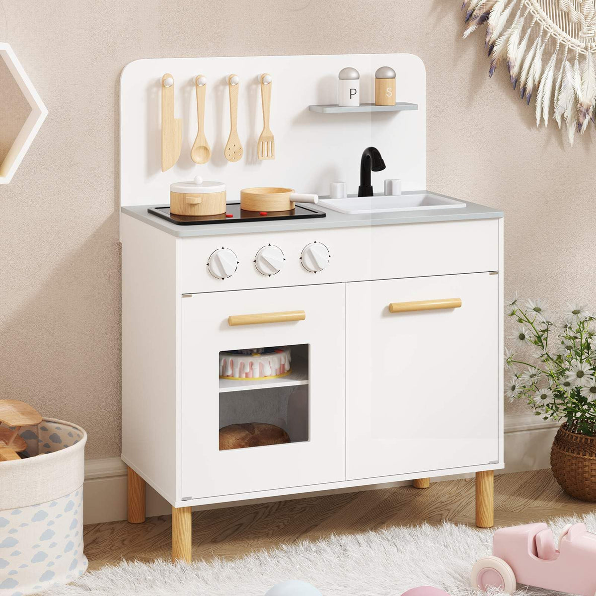 Kids Kitchen Playset, Toddler Pretend Play Kitchen with Light up Stove & Cooking Sounds