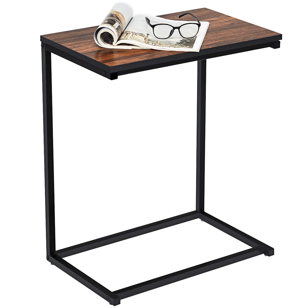 Snack Side Table, C-Shaped End Table for Sofa Couch, Bed, Wood Look Finish and Steel Frame, Space-Saving for Small Spaces