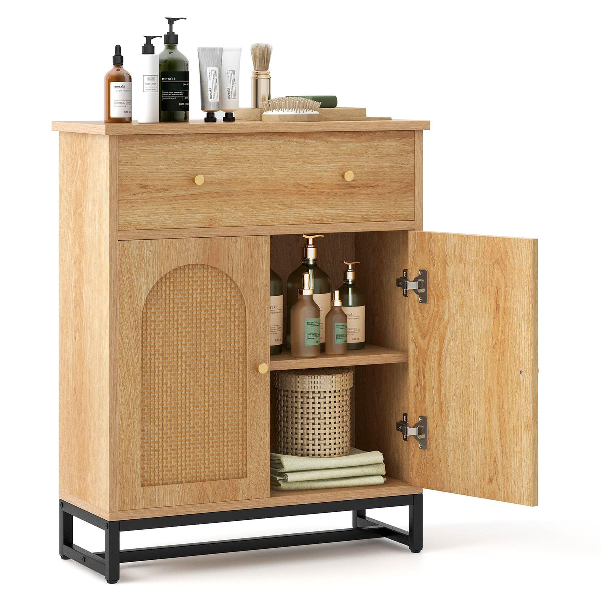 Giantex Accent Floor Storage Cabinet w/Rattan Doors & Drawer, Sideboard Buffet Cabinet Coffee Bar