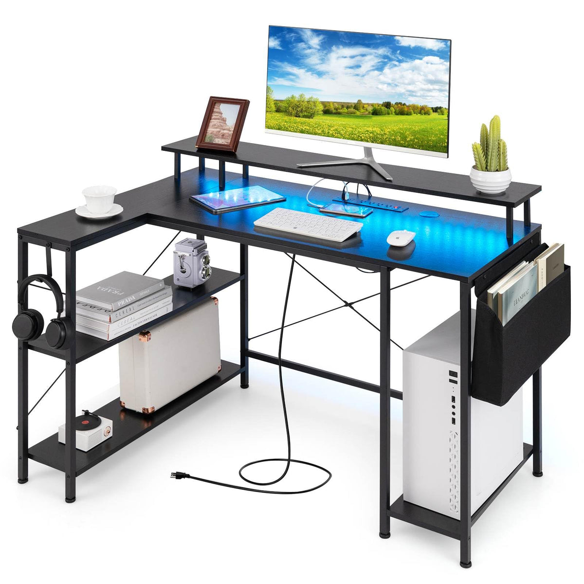 Giantex 120cm L-Shaped Gaming Desk Computer Desk w/LED Lights & Power Outlets