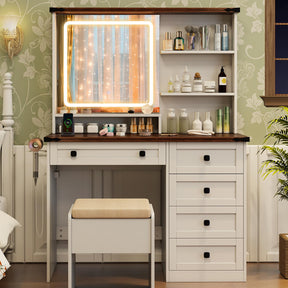 Giantex Farmhouse Vanity Set w/Mirror and Lights, Modern Dressing Table & Stool Set w/ 3-Color Lighting & Adjustable Brightness