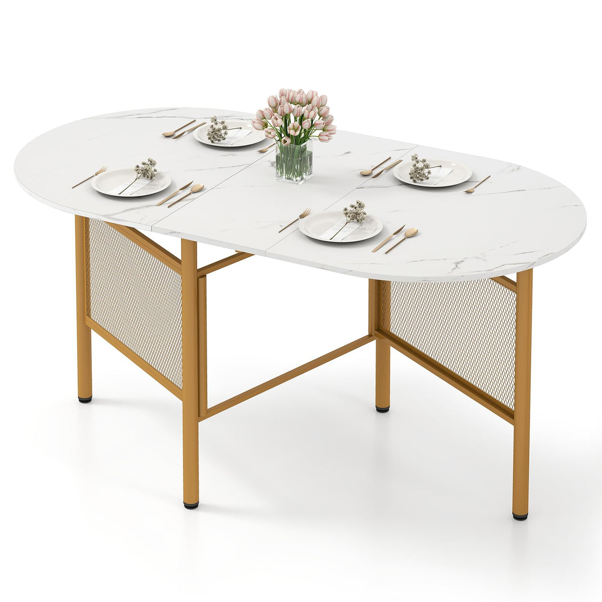 150 CM Folding Dining Table for 6-8 People, Drop Leaf Space Saving Oval Kitchen Table with Golden Metal Legs & Marble-Finished Tabletop