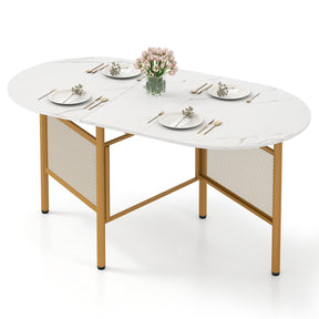 150 CM Folding Dining Table for 6-8 People, Drop Leaf Space Saving Oval Kitchen Table with Golden Metal Legs & Marble-Finished Tabletop