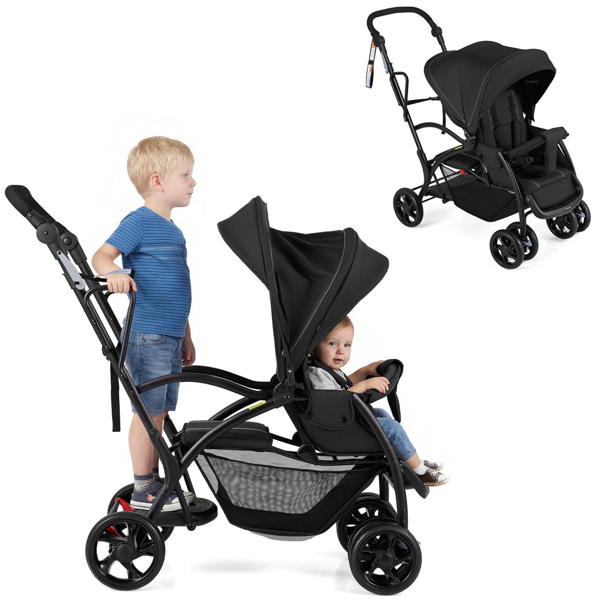Foldable Double Stroller, Sit and Stand Stroller, with Wristband