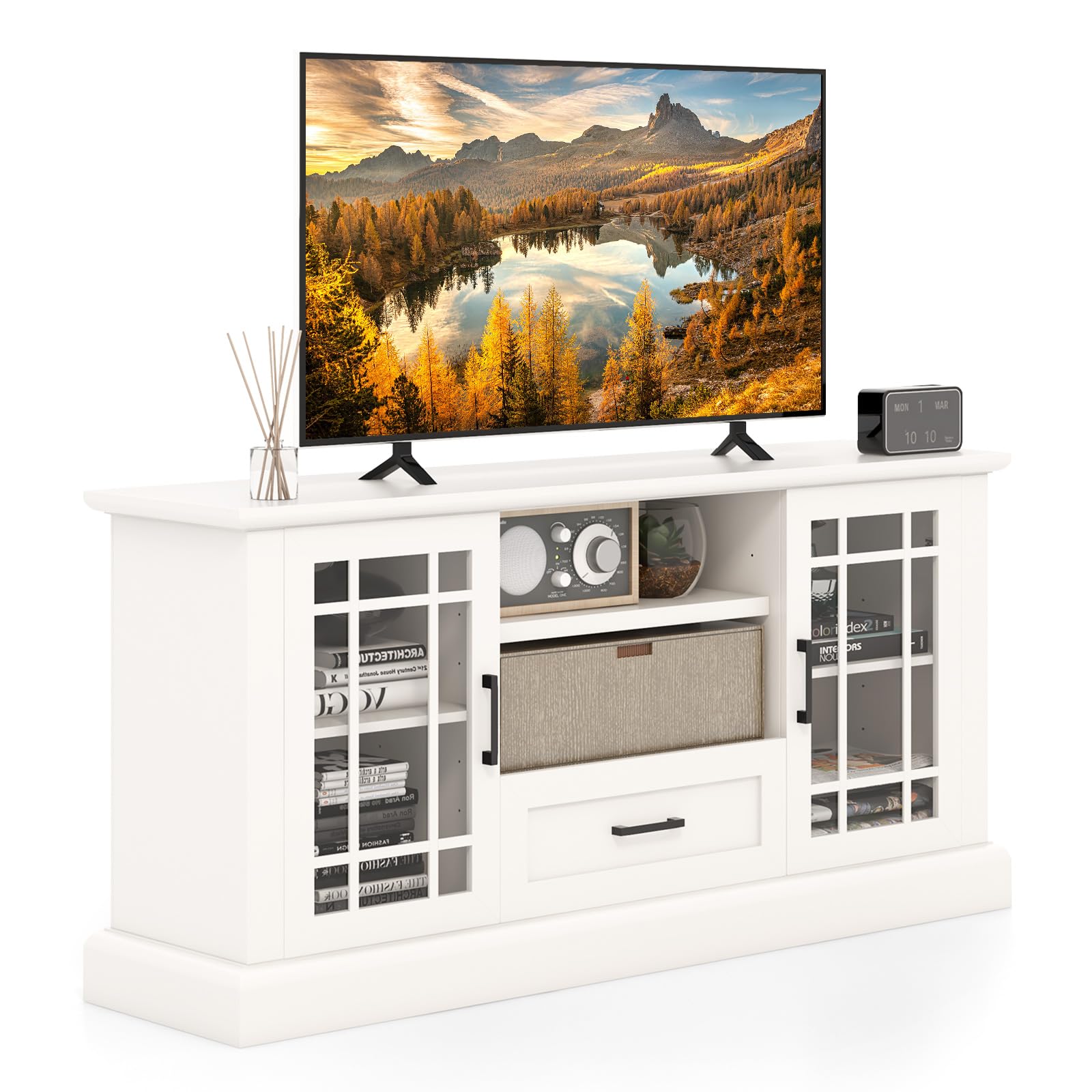 Giantex 158 cm Wide Modern TV Cabinet w/ 2 Side Cabinets & Drawer