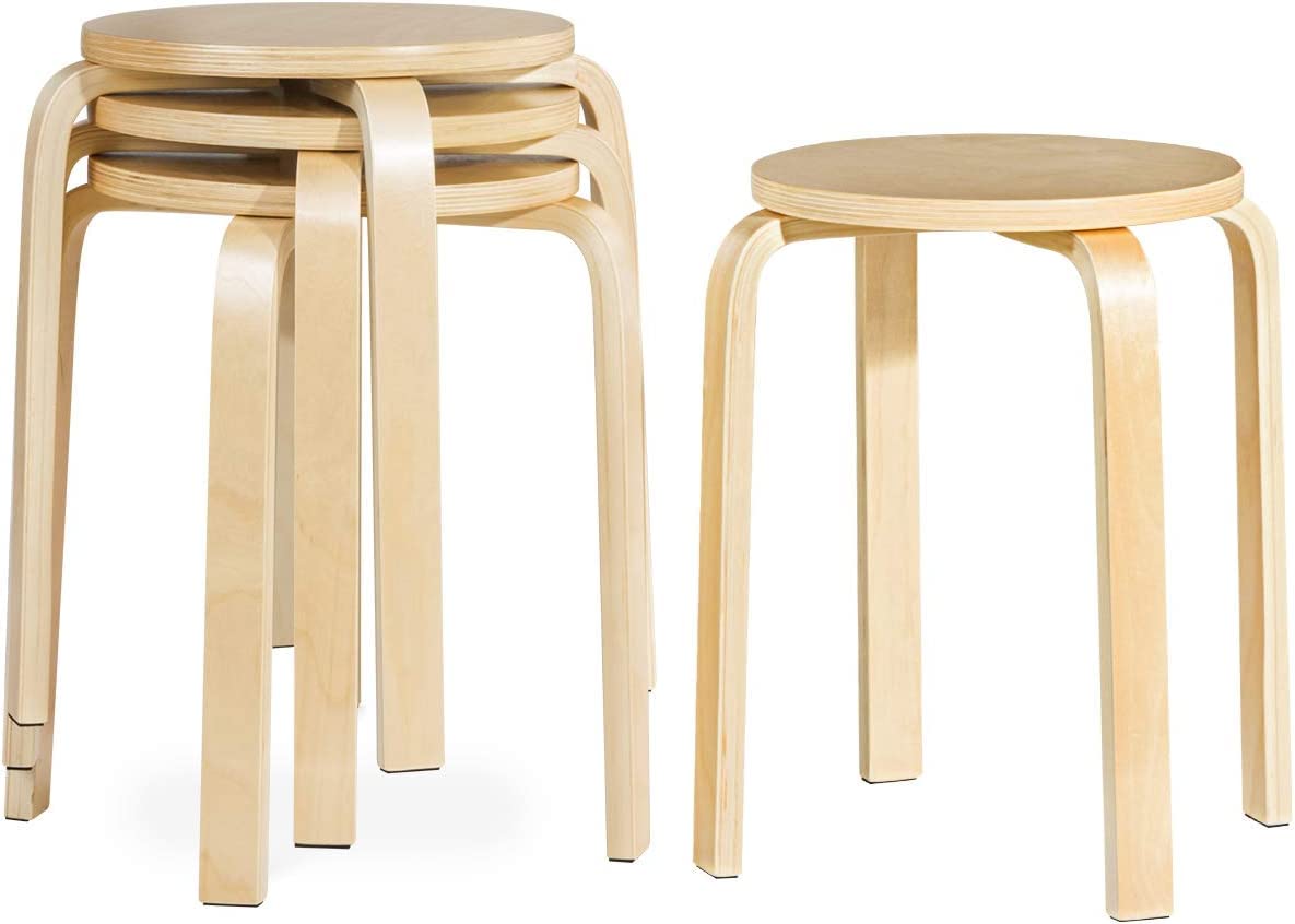 Set of 4 Round Stacking Stools, Solid Wood Dining Room Stool