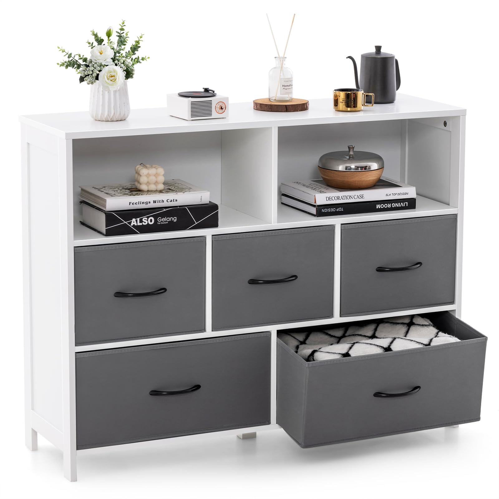 Giantex Fabric Dresser for Bedroom, Wide Chest of Drawers w/ 5 Drawers