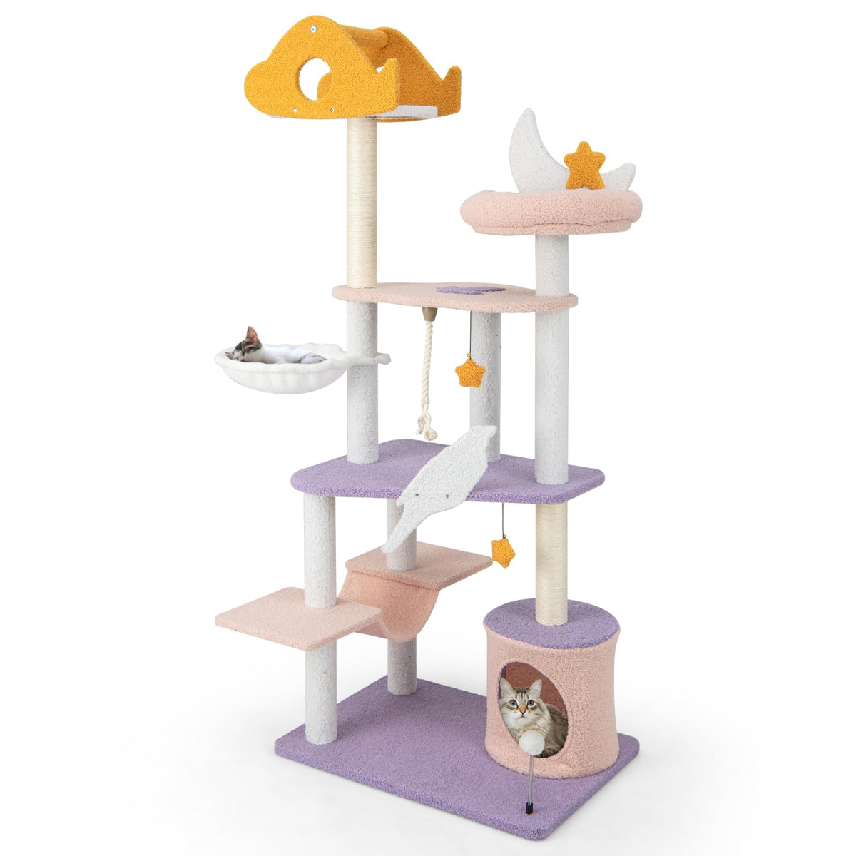 Cute Cat Tree for Indoor Cats, 167cm Multi-Level Tall Cat Tower, Purple