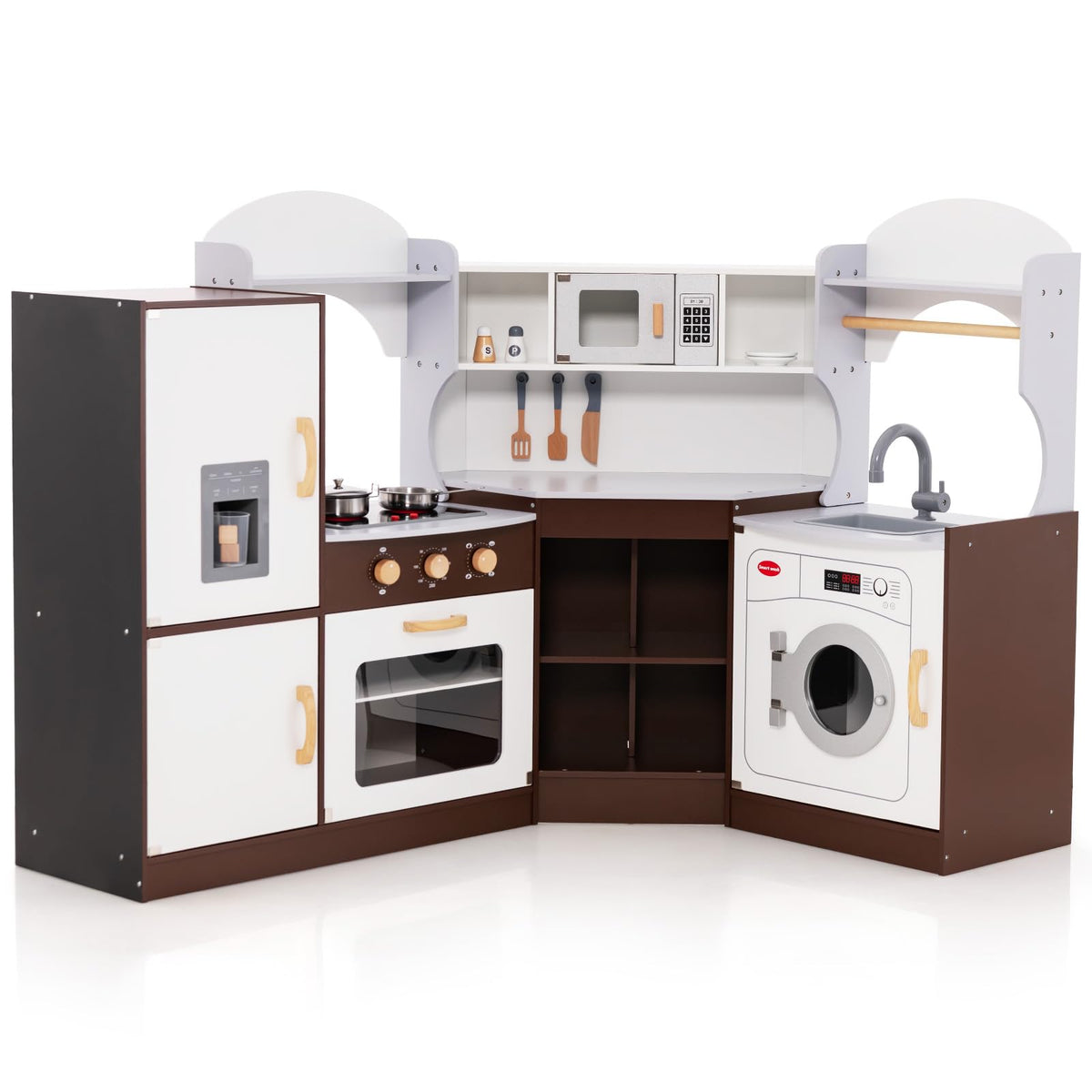 Corner Play Kitchen, Toddler Kitchen Playset with Ice Maker, Microwave, Oven, Sink, Washing Machine, Towel Rack & Sweet Accessories