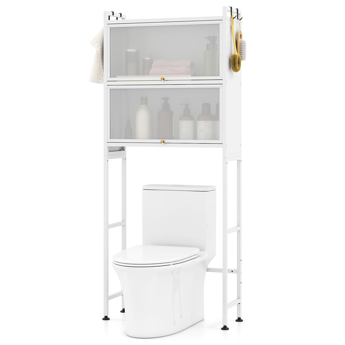 166 cm Over-the-toilet Cabinet, Bathroom Organizer w/ 2 Flip-up Cabinets, See-through Fluted Doors