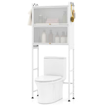 166 cm Over-the-toilet Cabinet, Bathroom Organizer w/ 2 Flip-up Cabinets, See-through Fluted Doors
