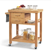 Bamboo Kitchen Island Cart Trolley, 3-Tier Rolling Kitchen Cart w/ 2 Drawers