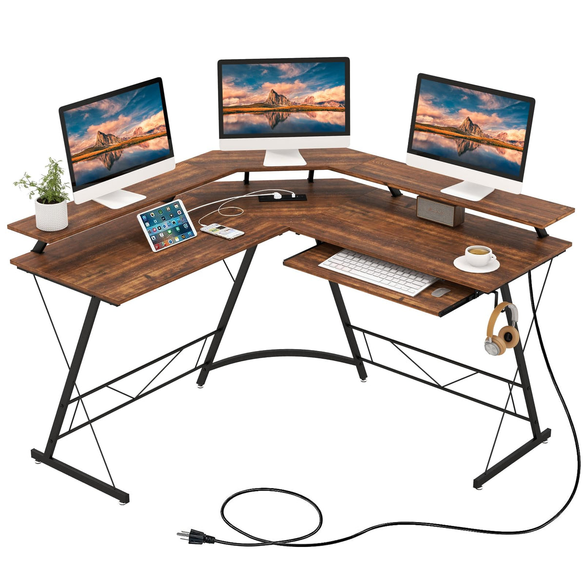 L-Shaped Computer Desk with Power Outlet, 130 cm Corner Computer Workstation with Monitor Stand
