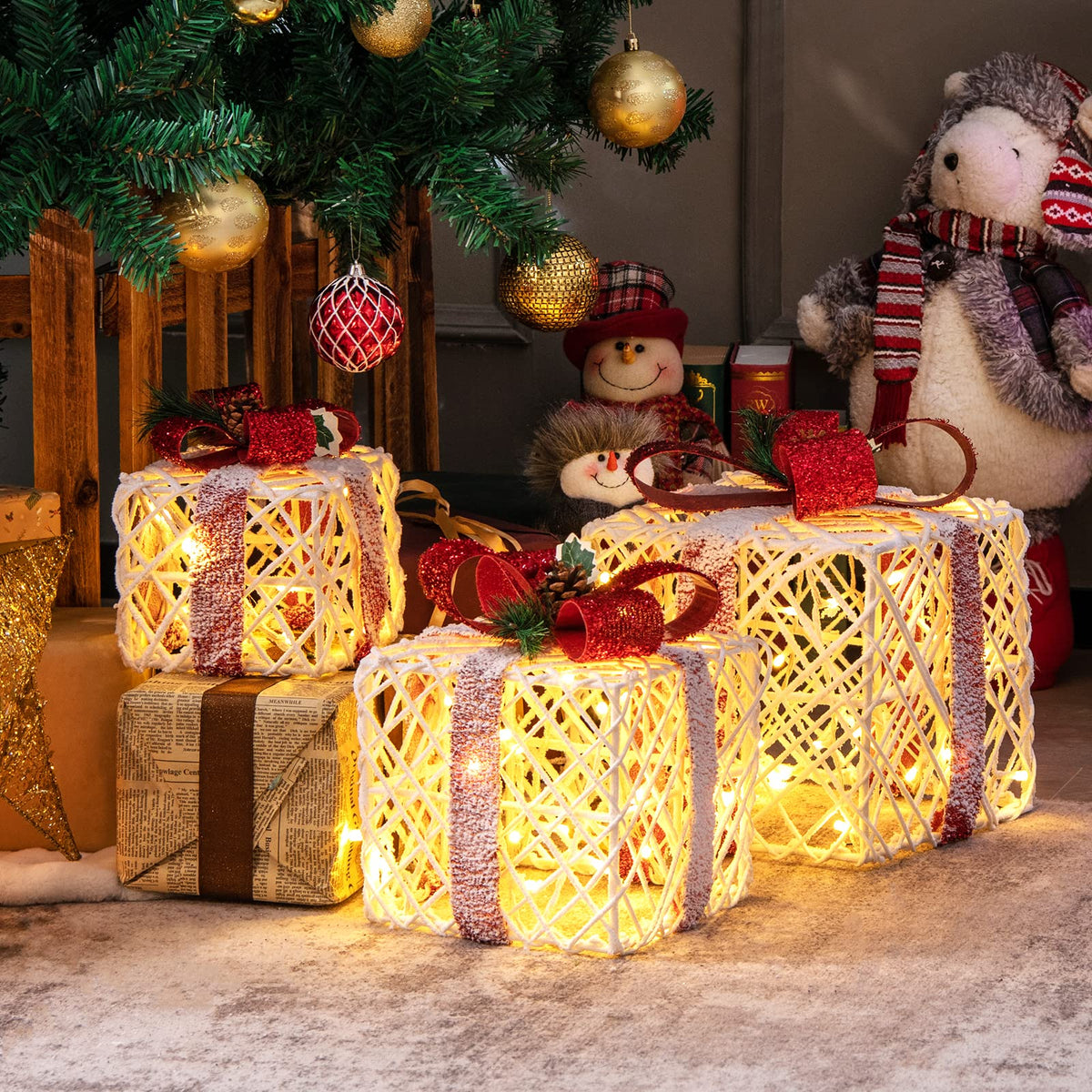 Set of 3 Gift Boxes Christmas Lighted Decoration with 6 Hours Timing Function