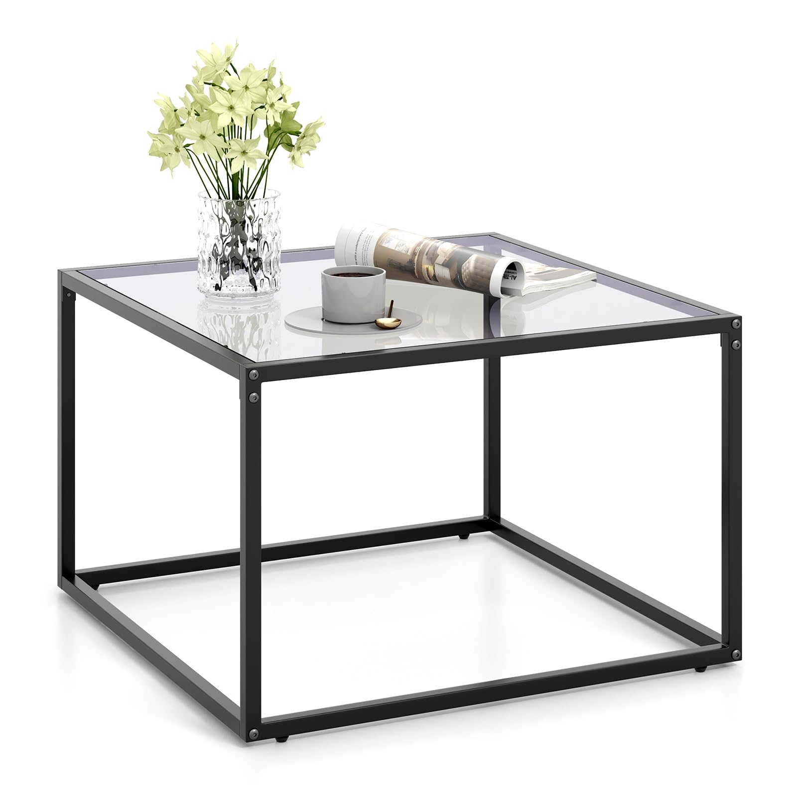Giantex Glass Coffee Table with Storage, 70cm Modern 2-Tier Square Coffee Table with Mesh Shelf