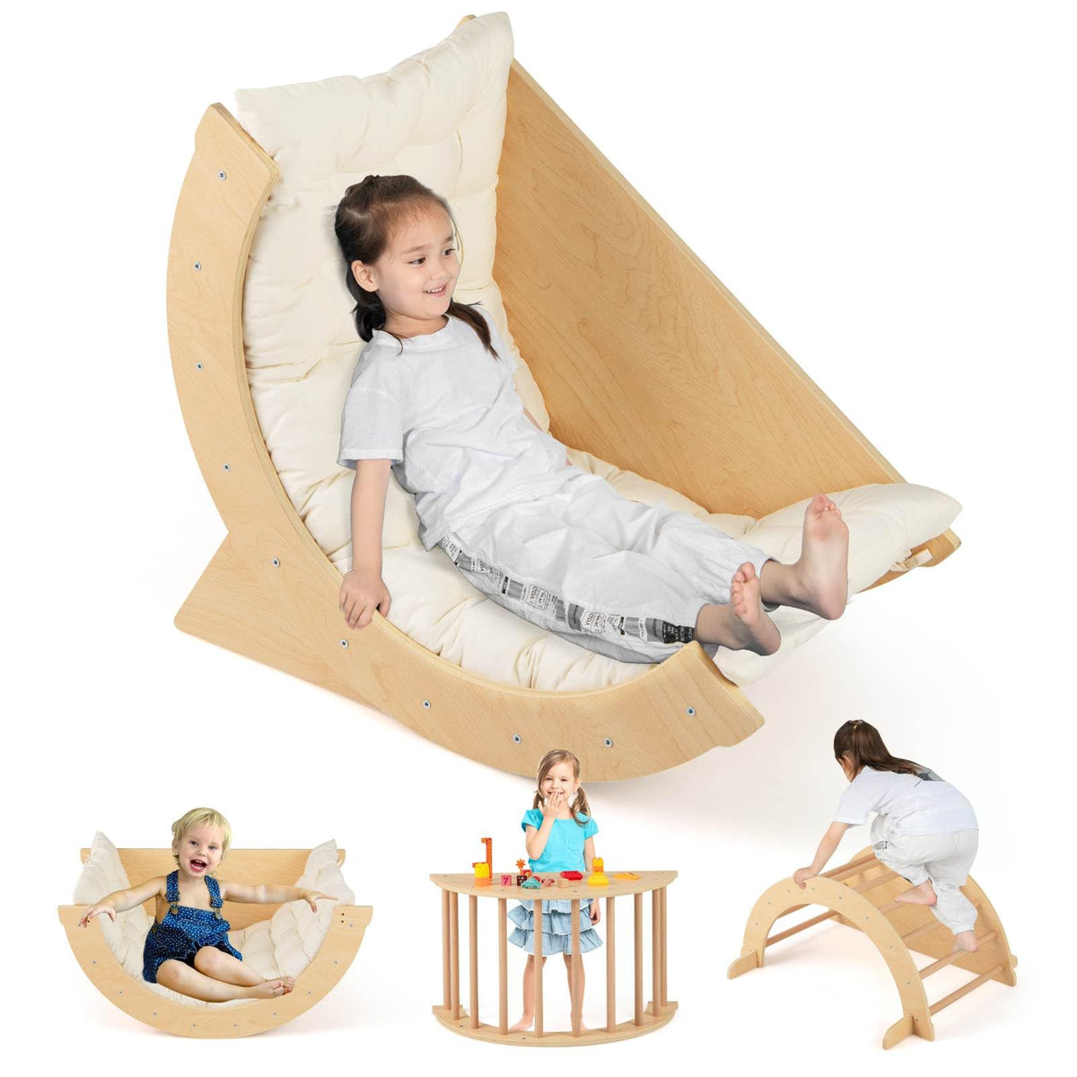 6 in 1 Climbing Arch for Toddlers, Wooden Kids Rocker Arch Climbing Toy with Removable Cushion