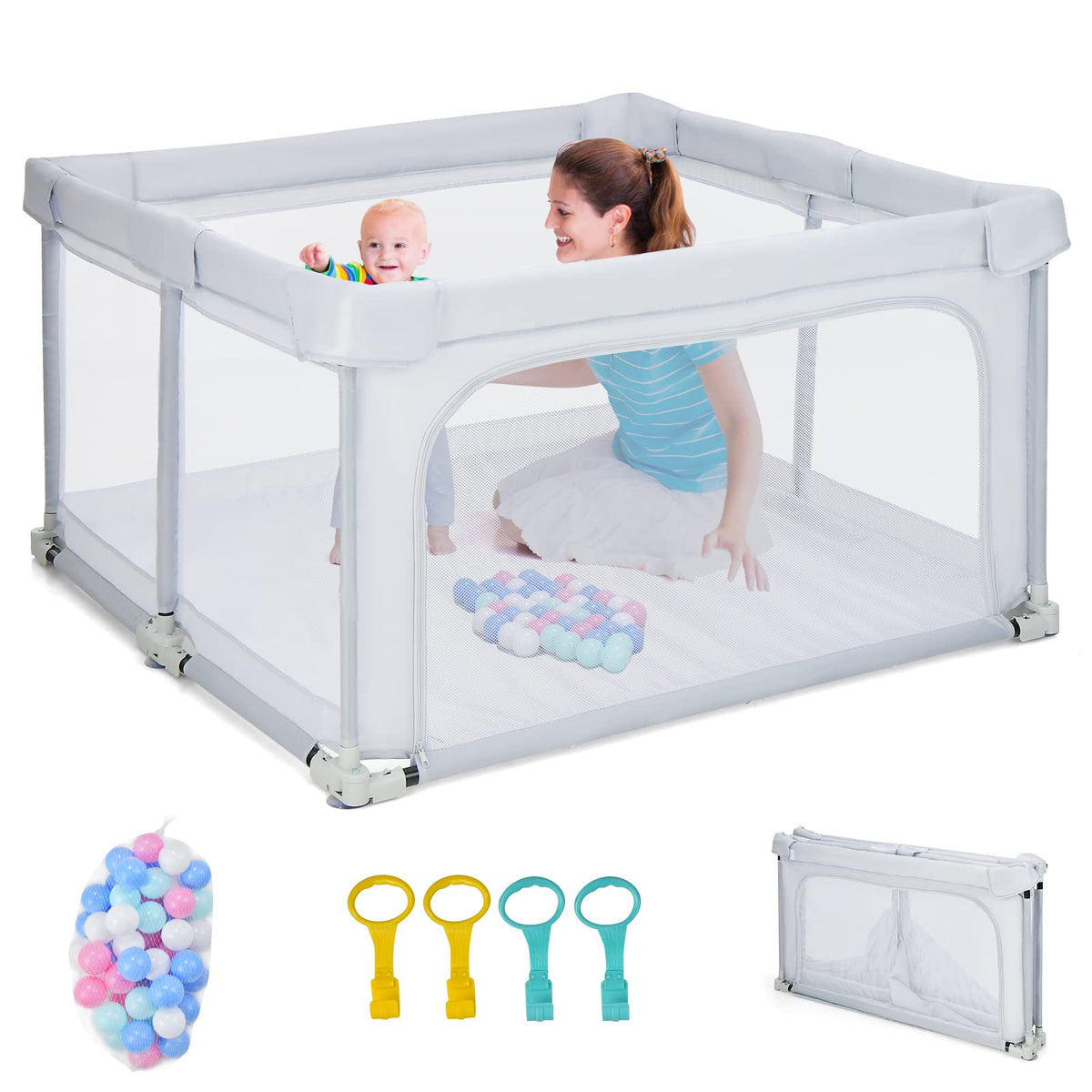 Foldable Baby Playpen, Playpen Activity Center for Babies Toddlers w/50 Balls & 4 Pull Rings