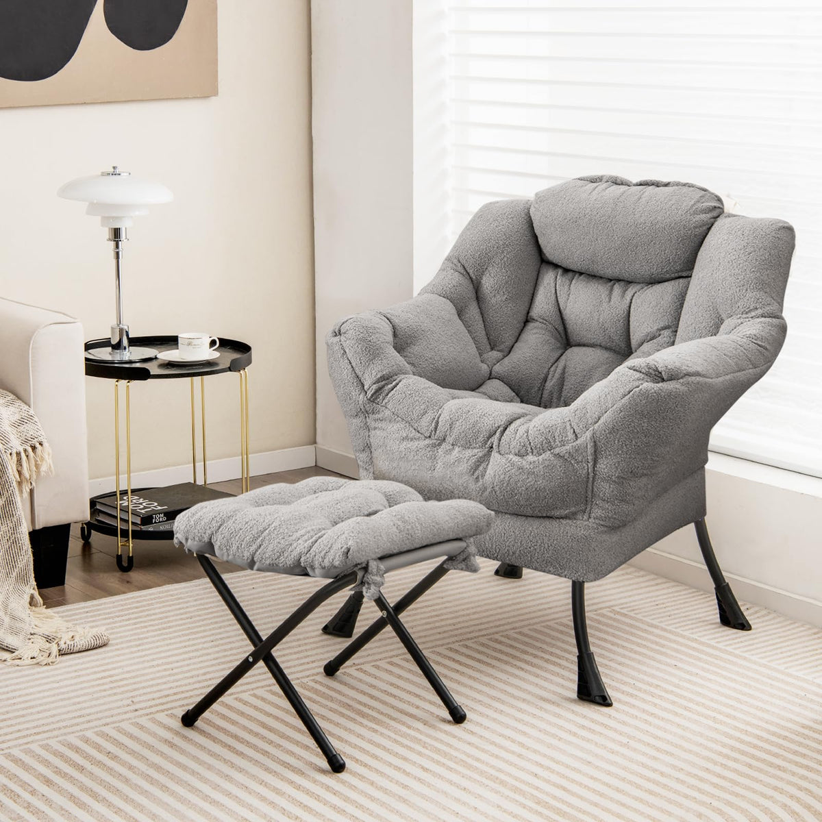 Lazy Chair with Ottoman, Modern Accent Chair with Folding Footrest, Head Pillow, Armrests, Storage Pocket