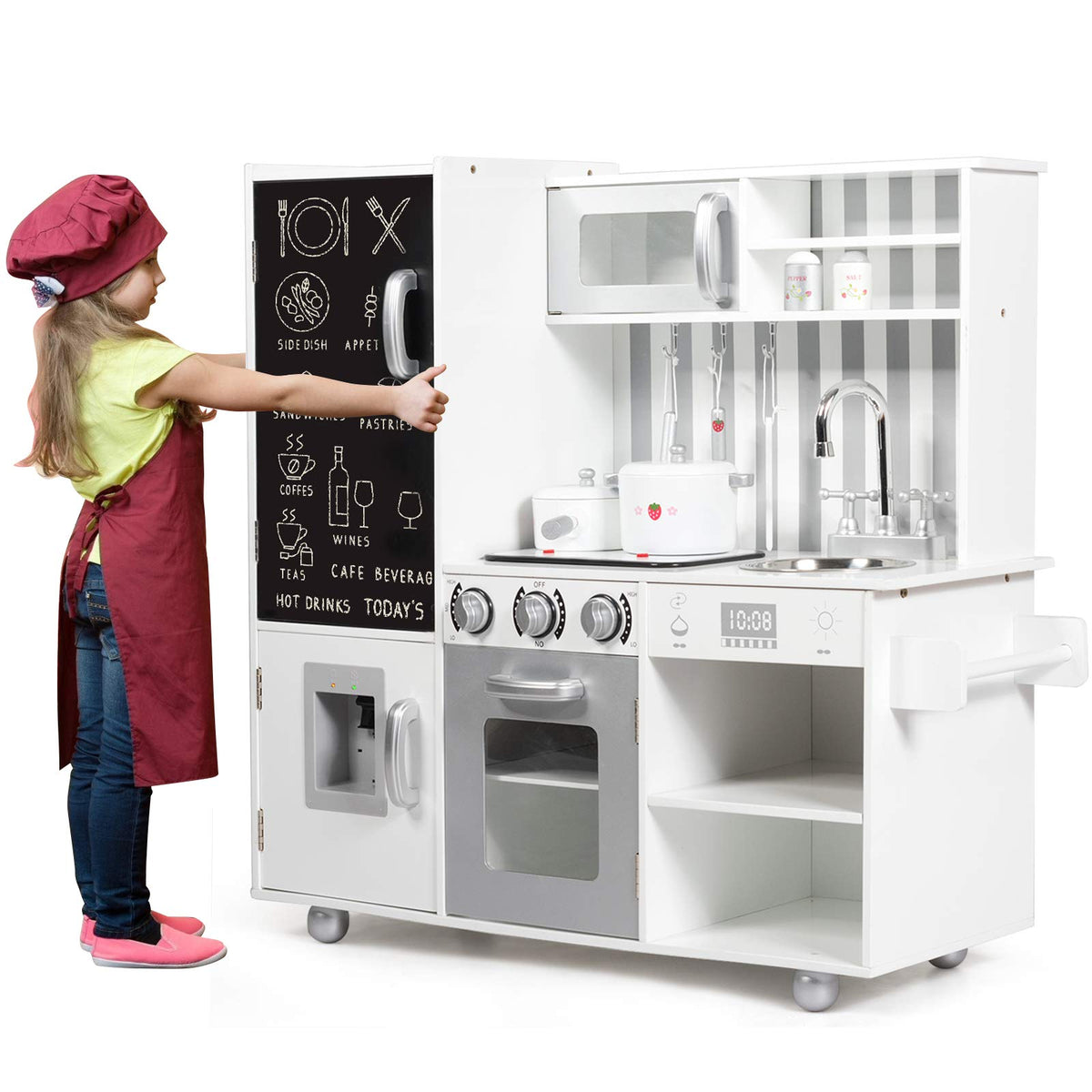 Kids Kitchen Playset, Wooden Pretend Play Kitchen with Blackboard, Accessory Utensils