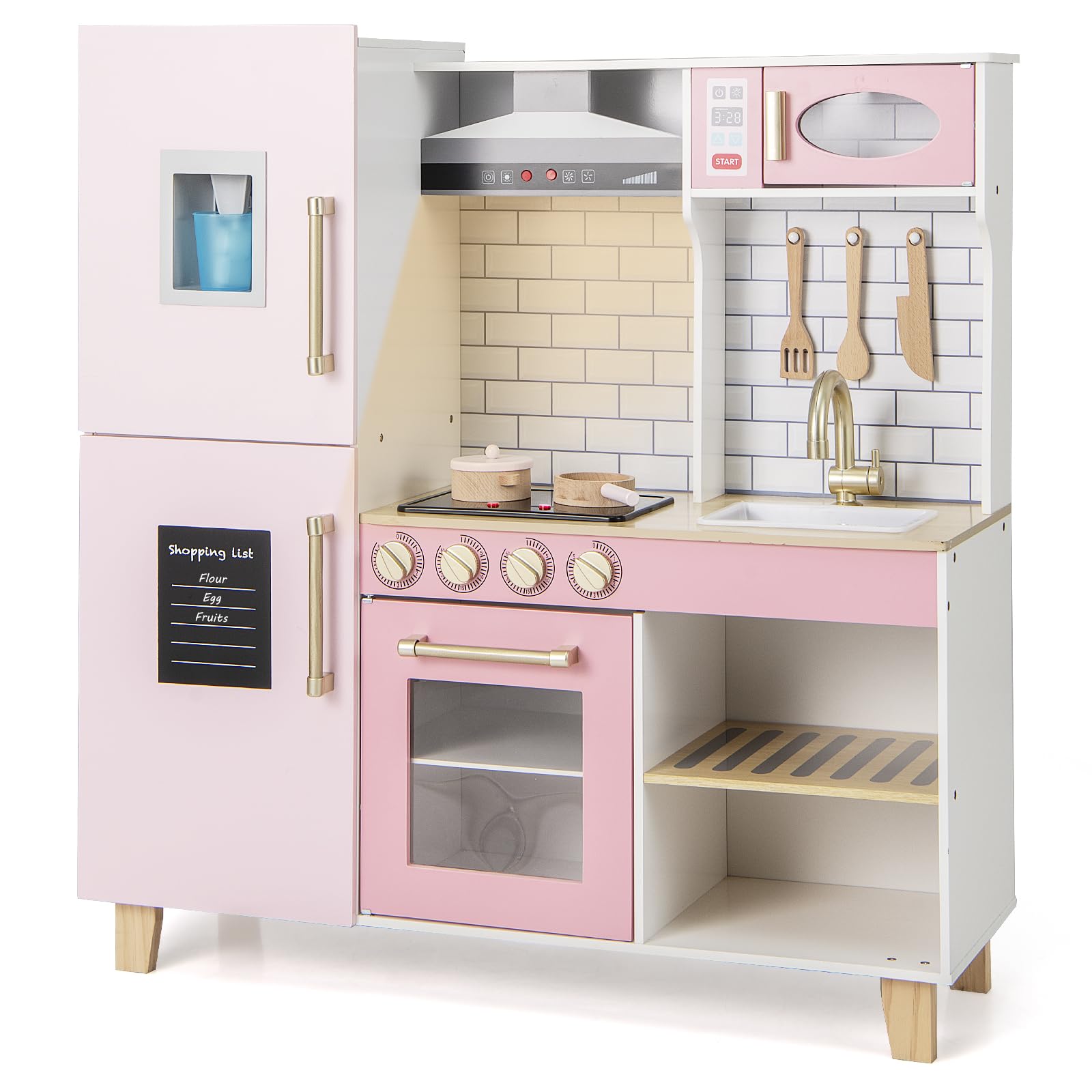 Kids Kitchen Playset, Wooden Pretend Play Kitchen w/Ice Maker, Range Hood, Blackboard