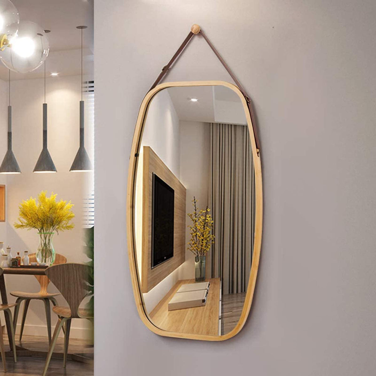 Giantex Wall Hanging Mirror, Bathroom Full Length Mirror, Hanging Wall-Mounted Mirror w/ Bamboo Frame