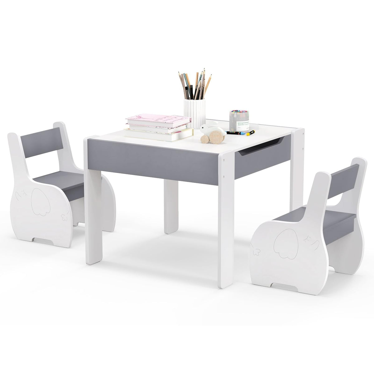 HONEY JOY Kids Table and Chair Set, 3-in-1 Wooden Activity Table and 2 Chairs for Drawing, Studying