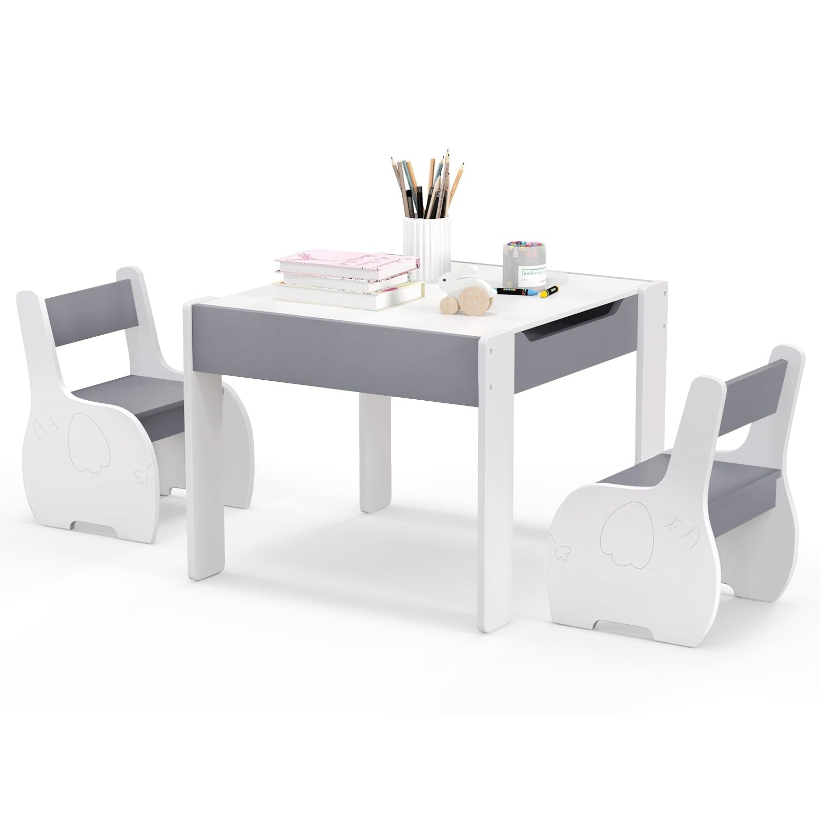 HONEY JOY Kids Table and Chair Set, 3-in-1 Wooden Activity Table and 2 Chairs for Drawing, Studying