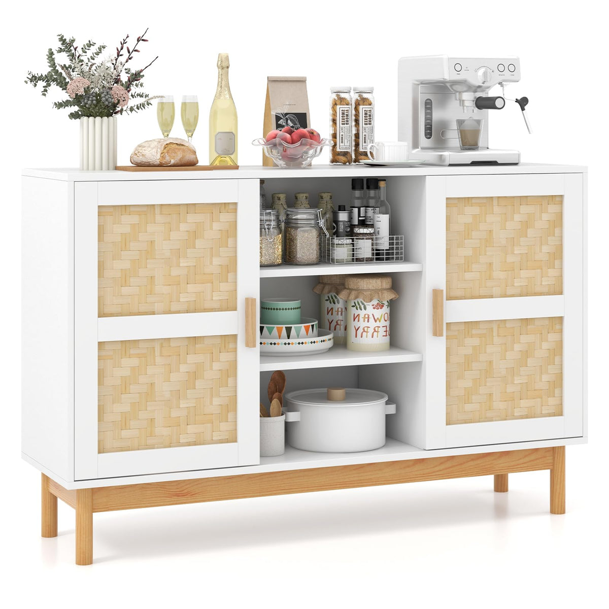 Giantex 120cm Sideboard Buffet Cabinet, Floor Storage Cabinet with 2 Bamboo Woven Doors