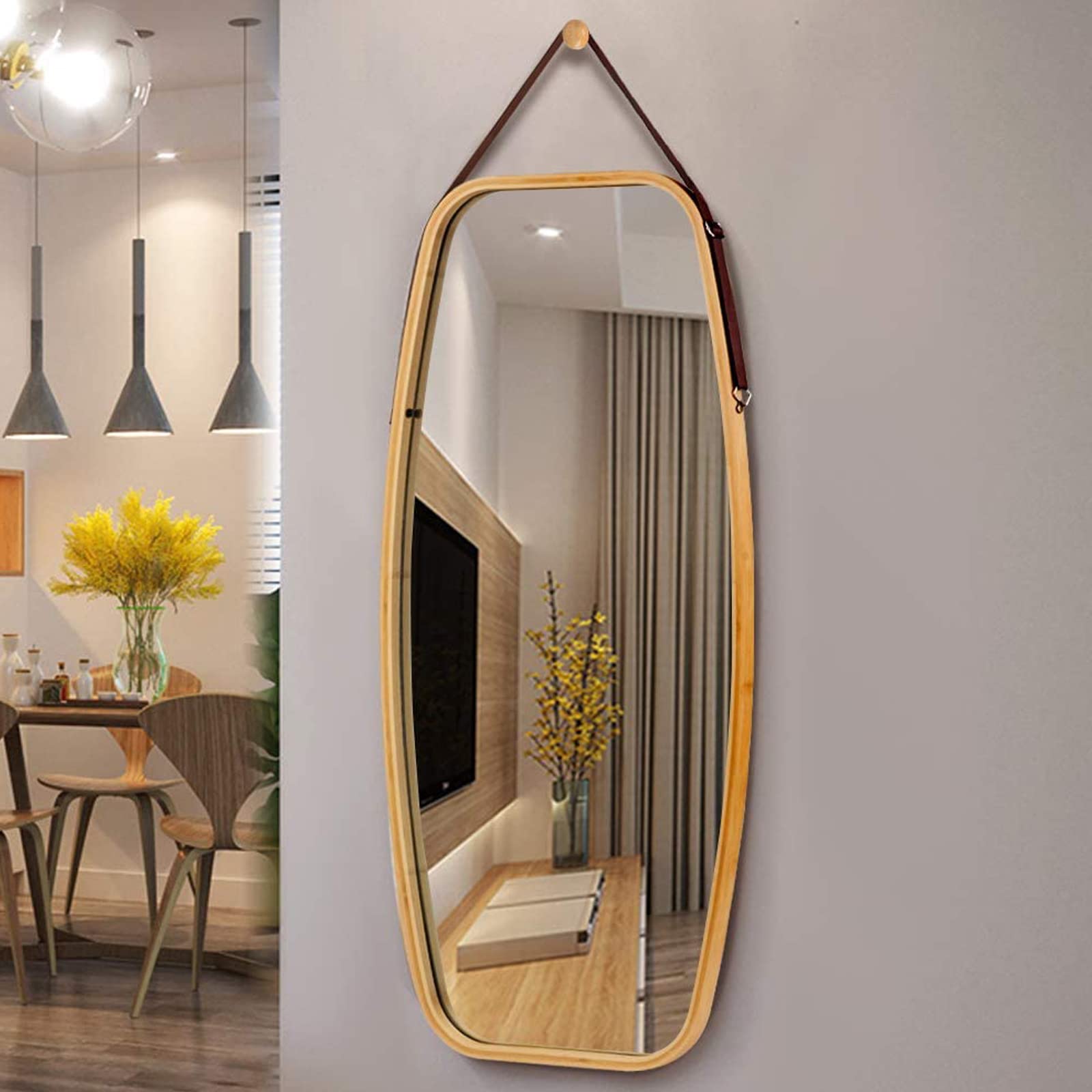 Giantex Wall Hanging Mirror, Bathroom Full Length Mirror, Hanging Wall-Mounted Mirror w/ Bamboo Frame