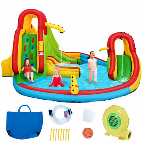 Inflatable Water Park Jumping Castle, Kids Jumping Bounce House w/ Large Splash Pool, Slides