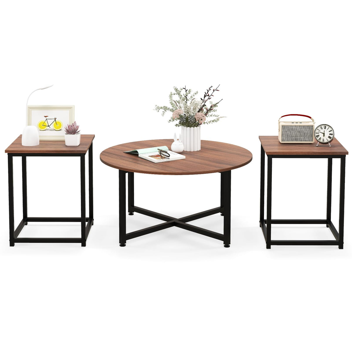 ound Coffee Table and 2PCS Square End Tables with Heavy-Duty Metal Frame