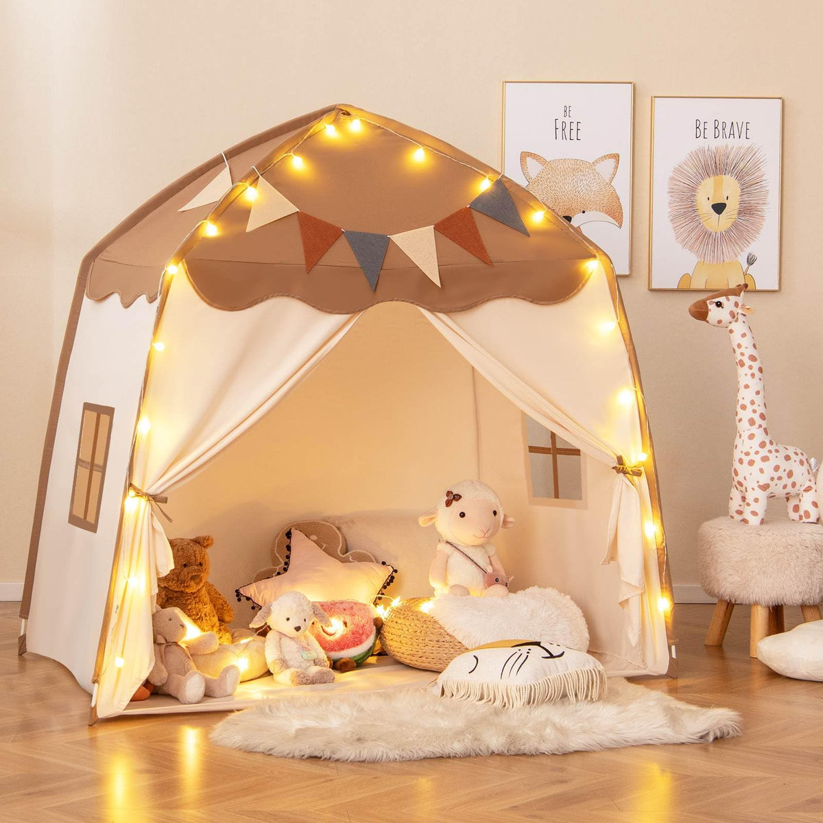 Large Kids Tent, Indoor Outdoor Dome Tent Playhouse w/Bright Lights, Flags, 2 Doors, 2 Windows, Machine Washable Teepee Tent for Toddlers
