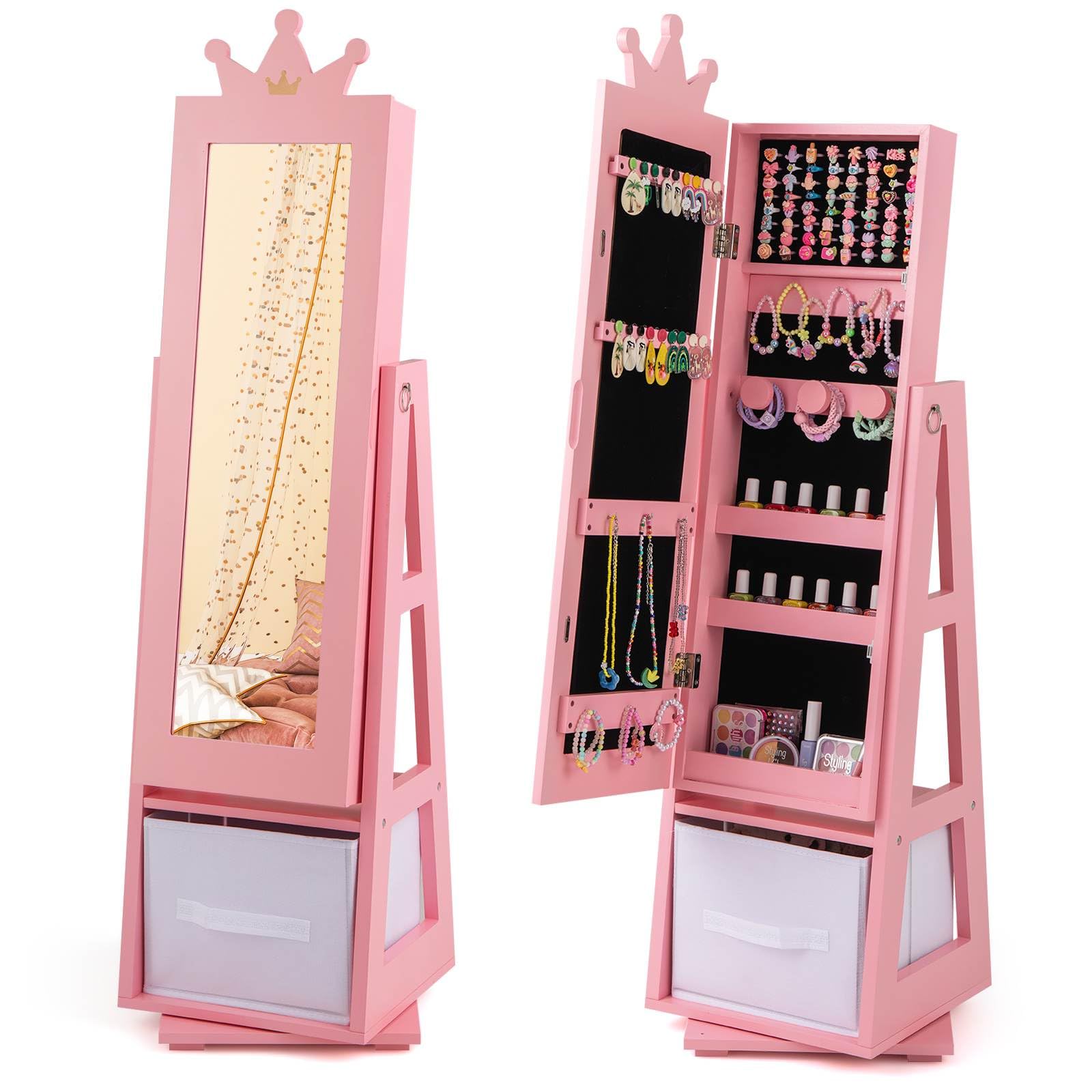 HONEY JOY 360° Swivel Kids Jewelry Cabinet, 3-in-1 Freestanding Full Length Dressing Mirror