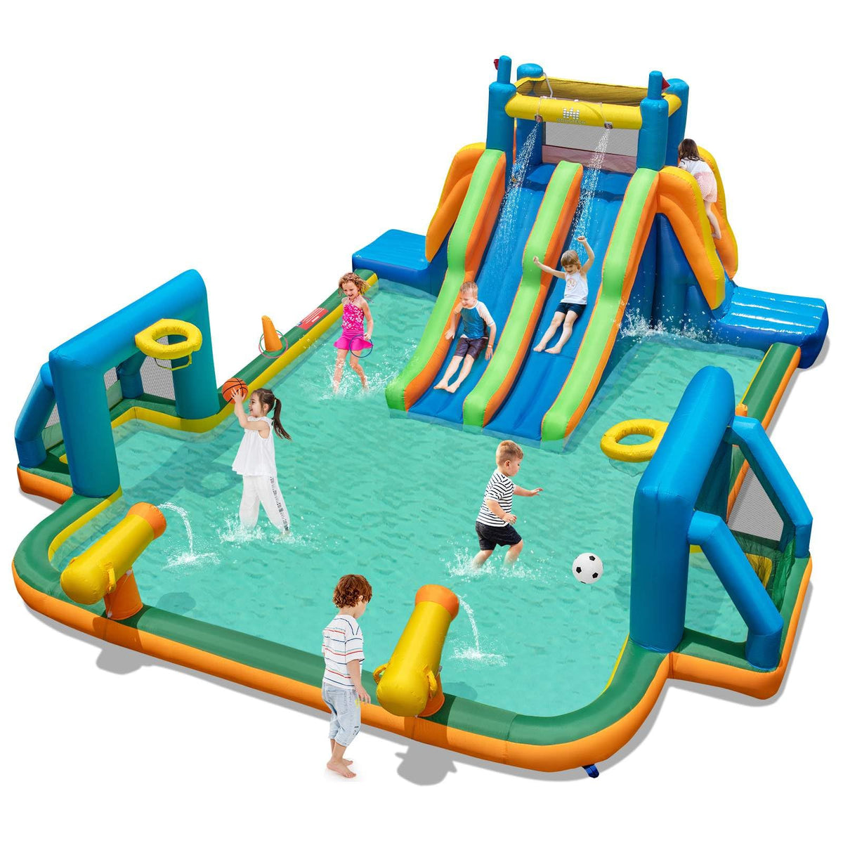 HONEY JOY Inflatable Water Slide, 19x17FT Large Waterslide Park w/Dual Long Slides & Climbing Walls