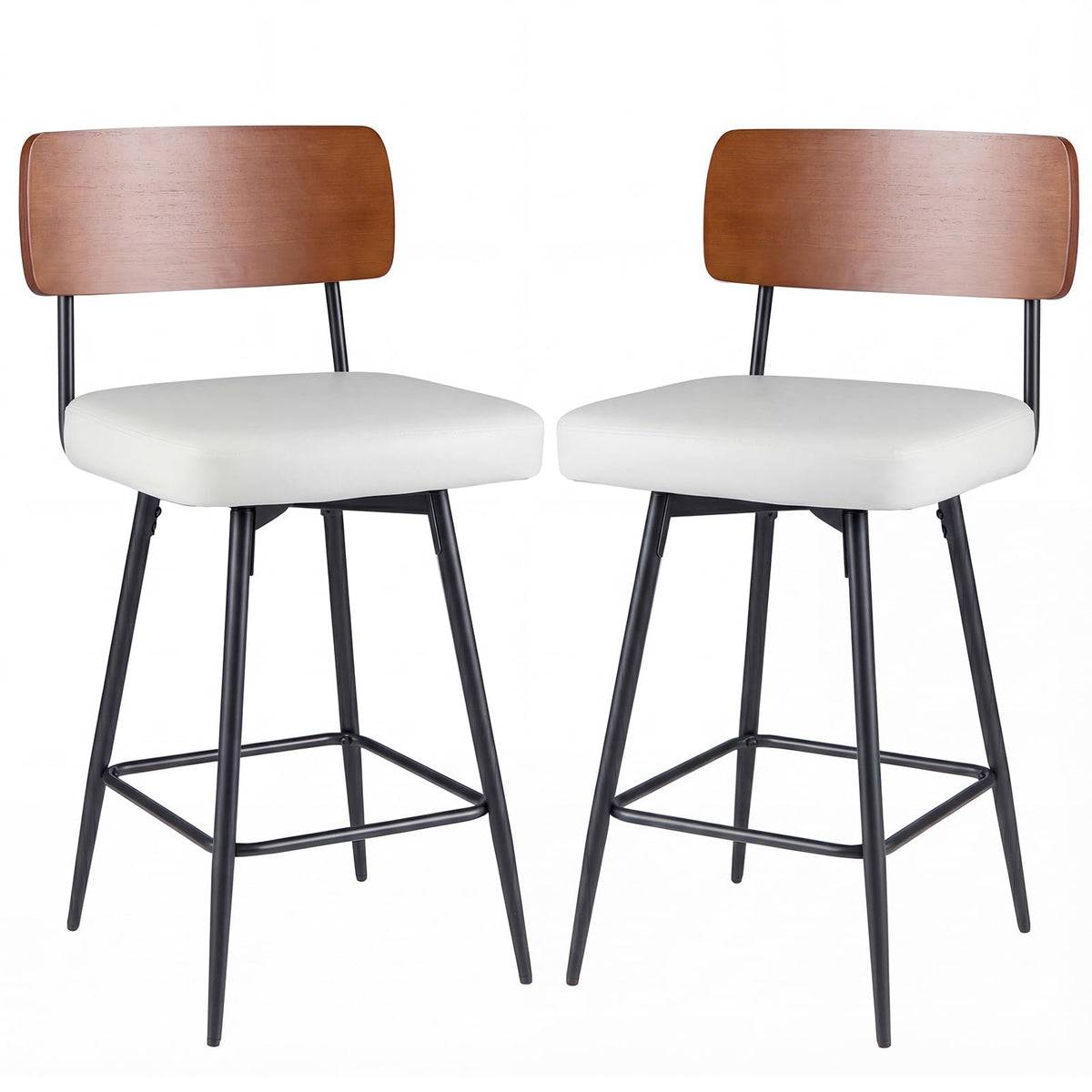 Padded Counter Barstools Set of 2, 360° Swiveling Counter Height Chairs with Wooden Backrest & Metal Legs