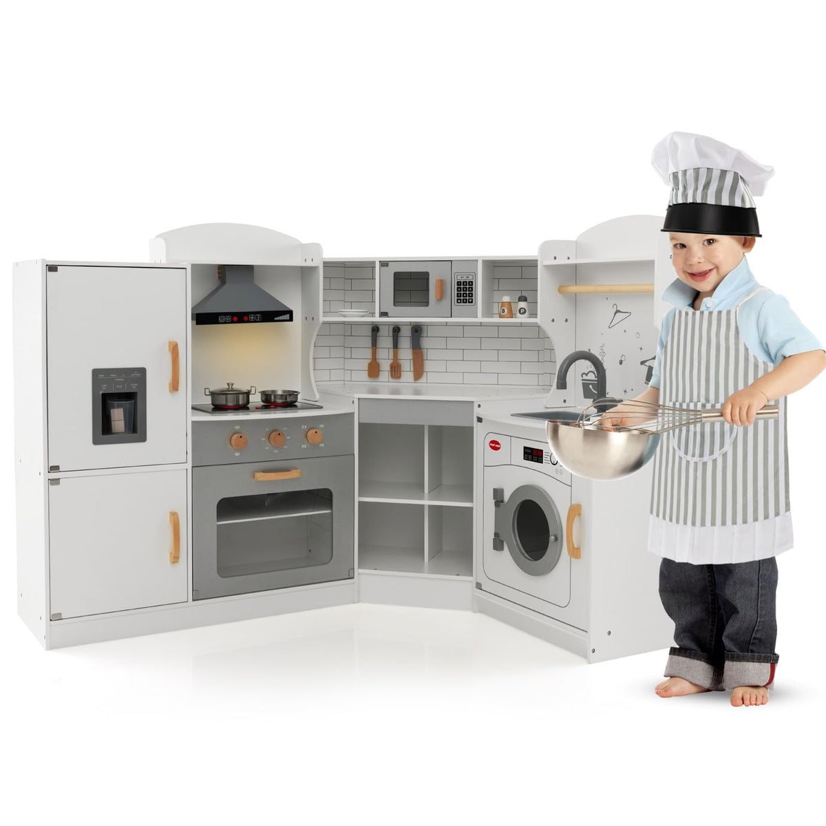 Corner Play Kitchen, Toddler Kitchen Playset with Range Hood, Ice Maker, Microwave, Oven, Sink, Washing Machine