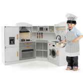 Corner Play Kitchen, Toddler Kitchen Playset with Range Hood, Ice Maker, Microwave, Oven, Sink, Washing Machine