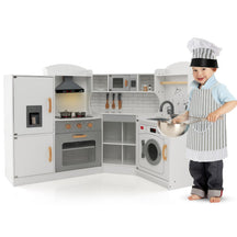 Corner Play Kitchen, Toddler Kitchen Playset with Range Hood, Ice Maker, Microwave, Oven, Sink, Washing Machine
