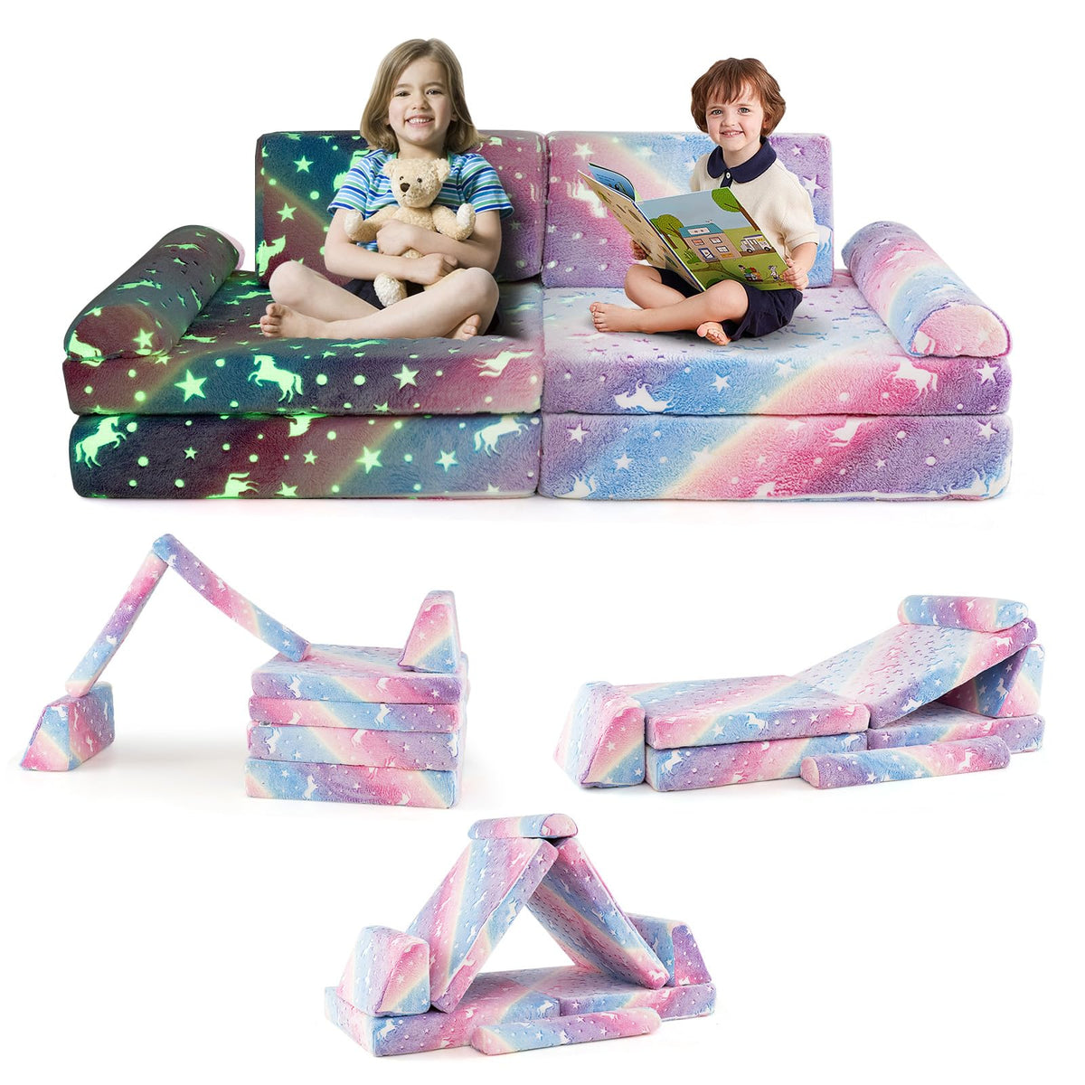HONEY JOY 8 PCS Modular Kids Play Couch, Glow in The Dark Toddler Sectional Sofa