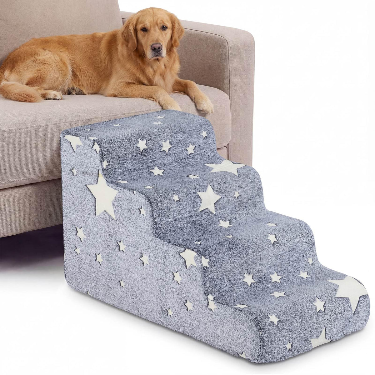 3/4-tier Foam Dog Stairs for High Bed & Couch, Glow-in-the-Dark High-density Pet Ramp w/ Non-Slip Bottom, Washable Flannel Cover, Soft Doggy Ladder for Injured, Senior, Small to Medium/Large Dogs