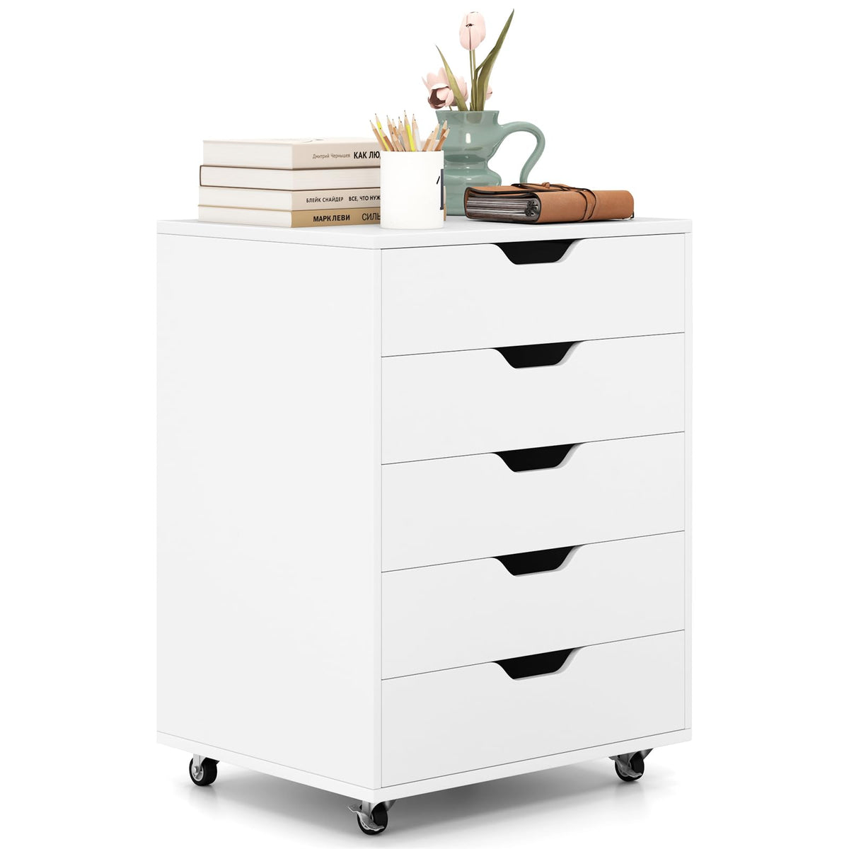 5-Drawer Chest of Drawers, Wooden Dresser Chest, Mobile Lateral Filing Cabinet with Wheels