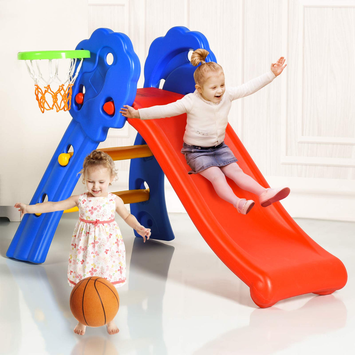 Kids Slide with Basketball Hoop, 2 in 1 Foldable Slide and Climber for Children for Indoor and Outdoor Use