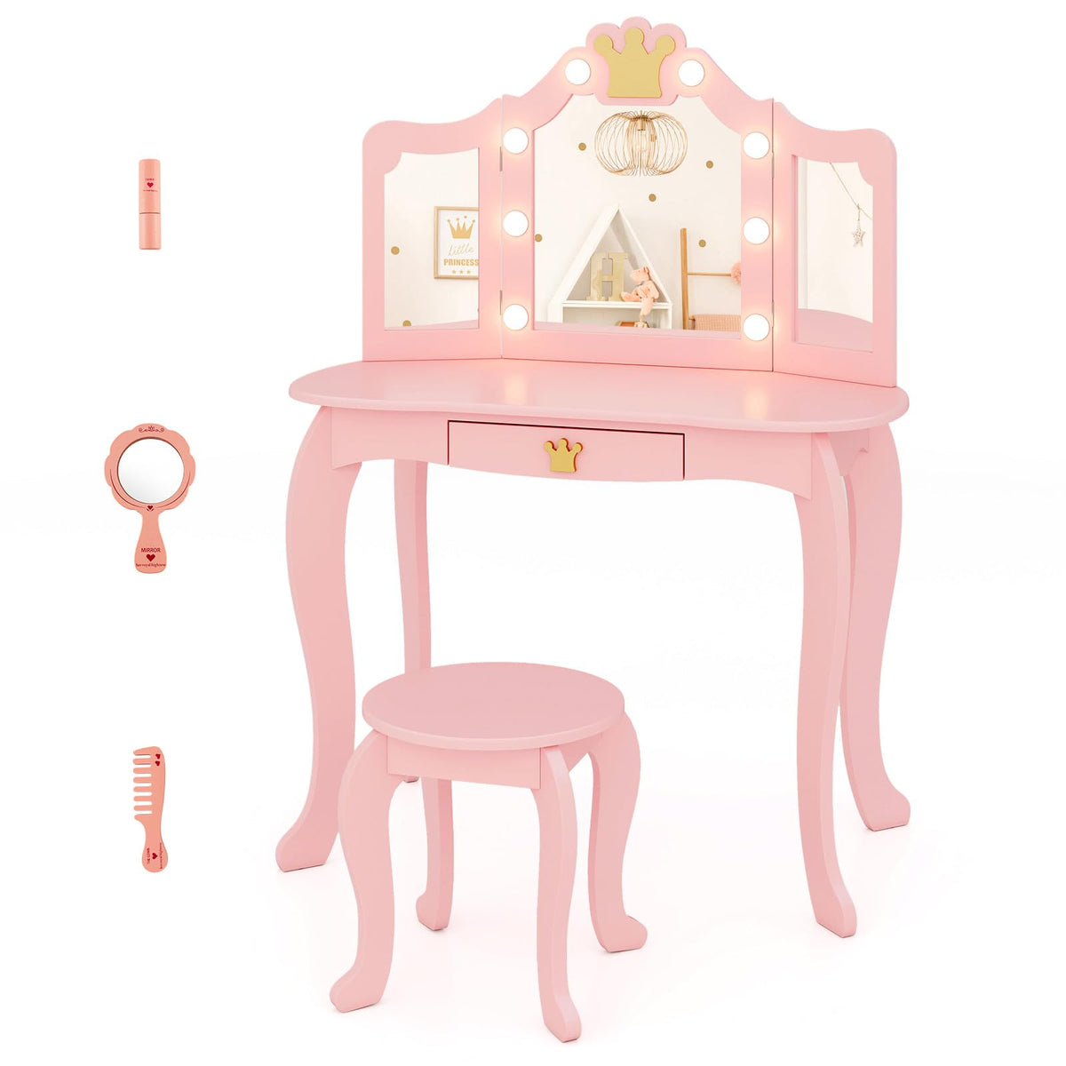 Kids Vanity Set with 3-Color Adjustable Lighted Mirror