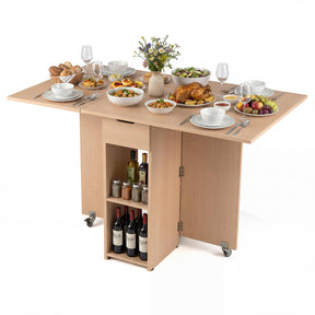 Folding Dining Table for 2-4, Space Saving Kitchen Table Drop Leaf with 2 Open Shelves & Drawer