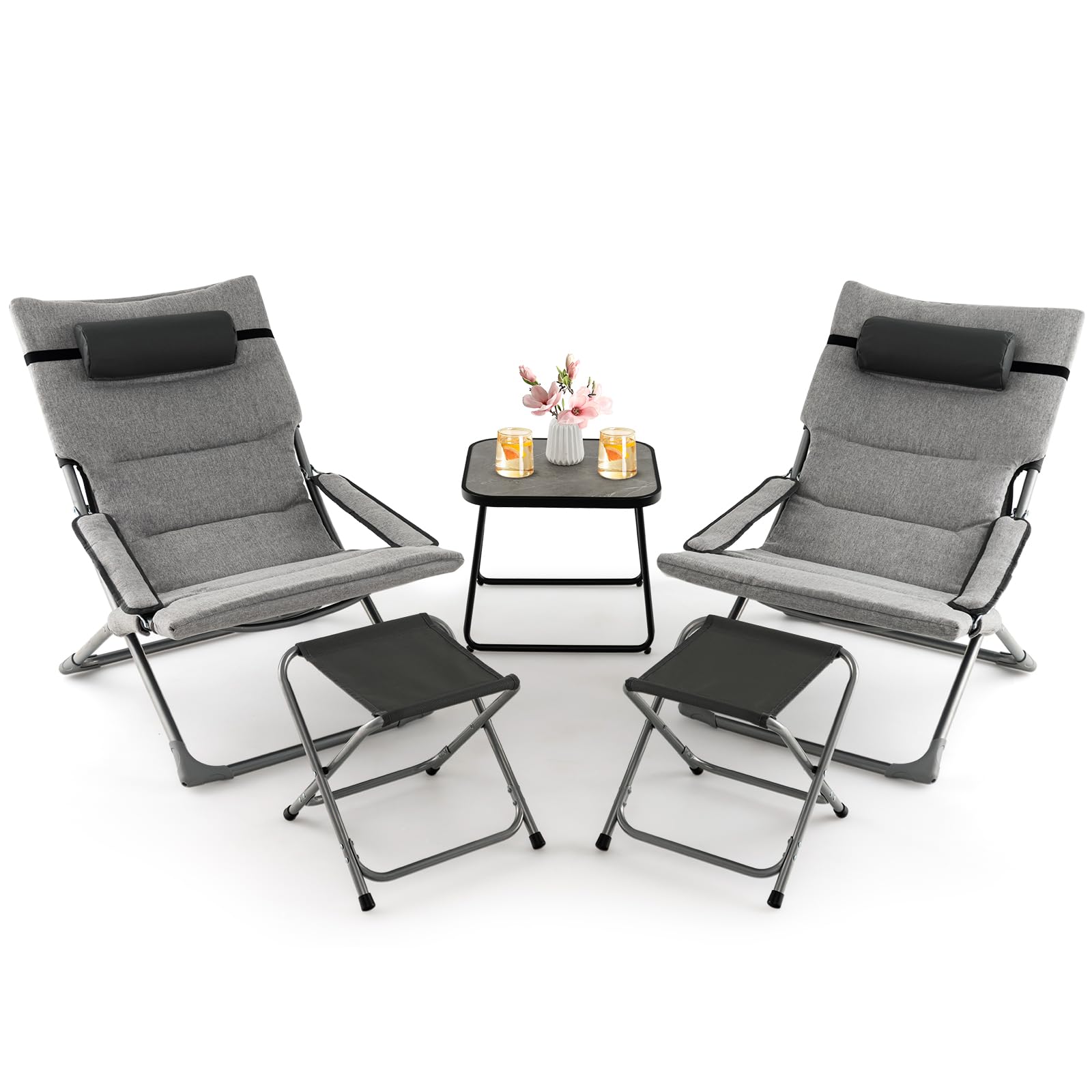 5 Piece Patio Sling Chair Set with Ottoman & Coffee Table for Garden