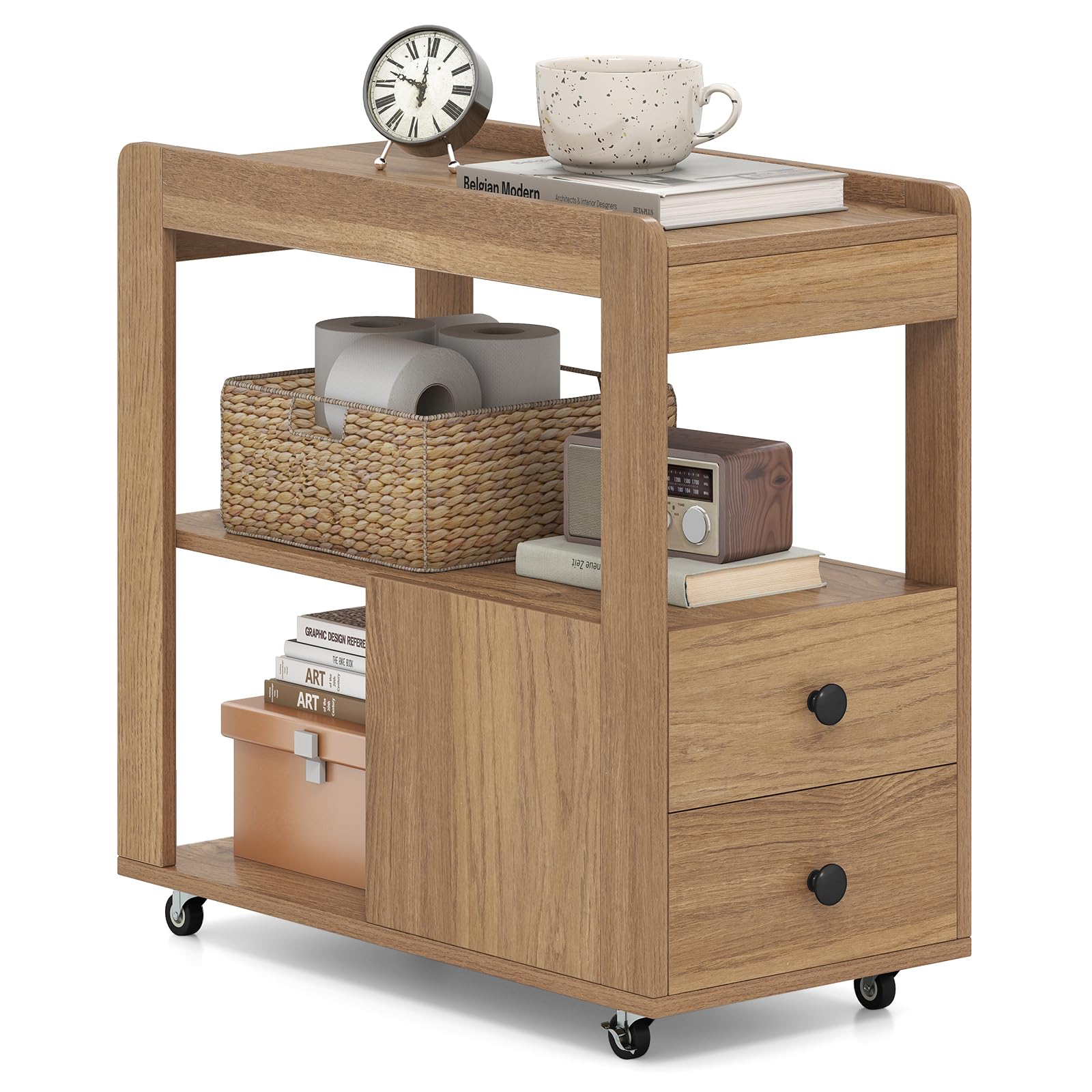 Narrow End Table, Modern 2-Drawer Sofa Side Table with Open Shelves