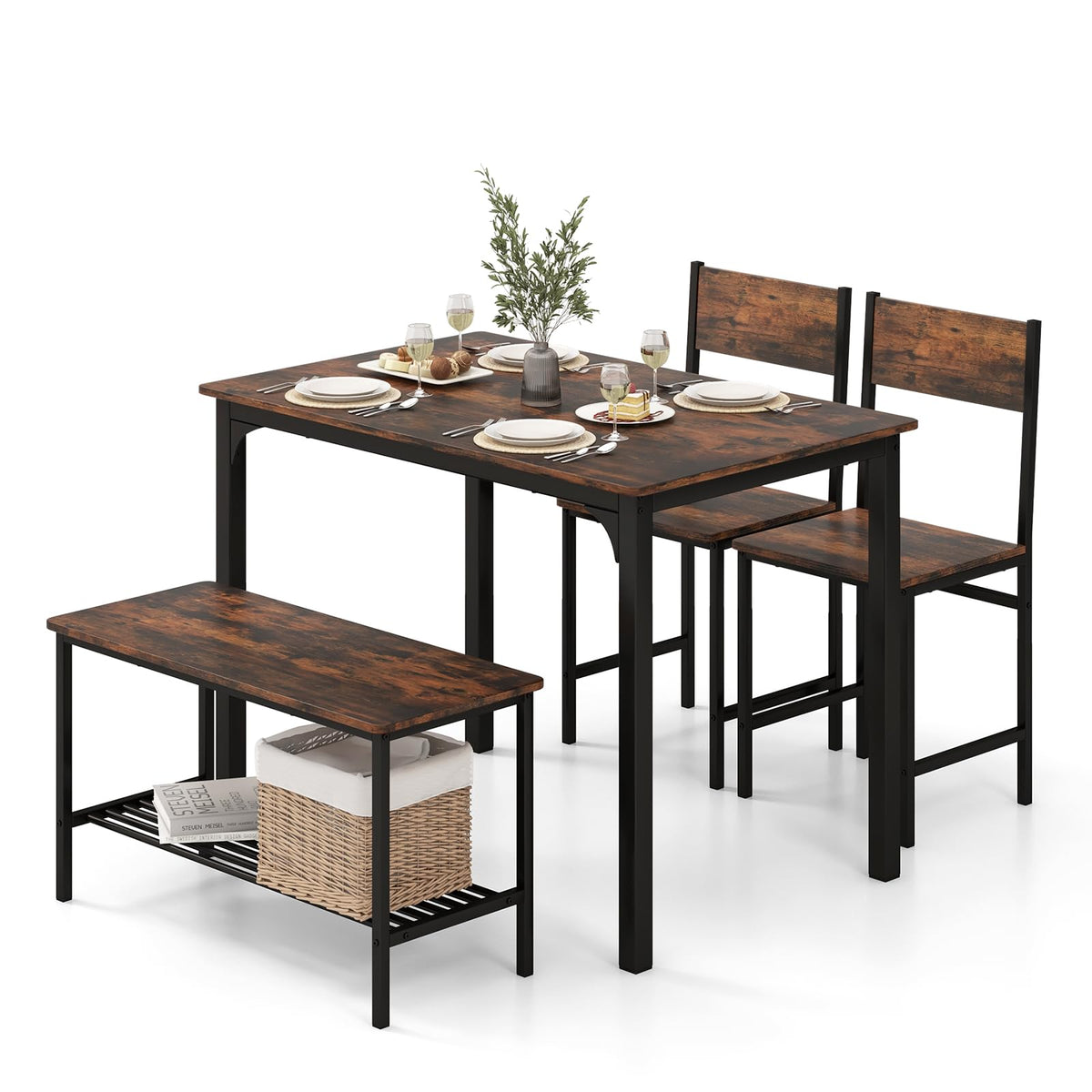 4-Piece Dining Table Set, Kitchen Table with 2 Chairs & a Bench