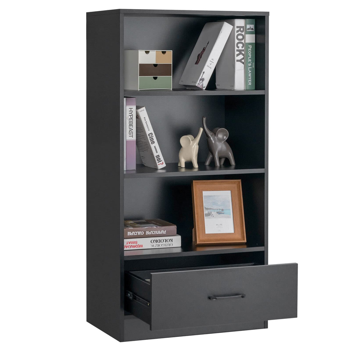 Giantex 4-Tier Storage Shelf, Wood Bookcase w/ Storage Drawer and Anti-toppling Device, Floor Standing Bookshelf