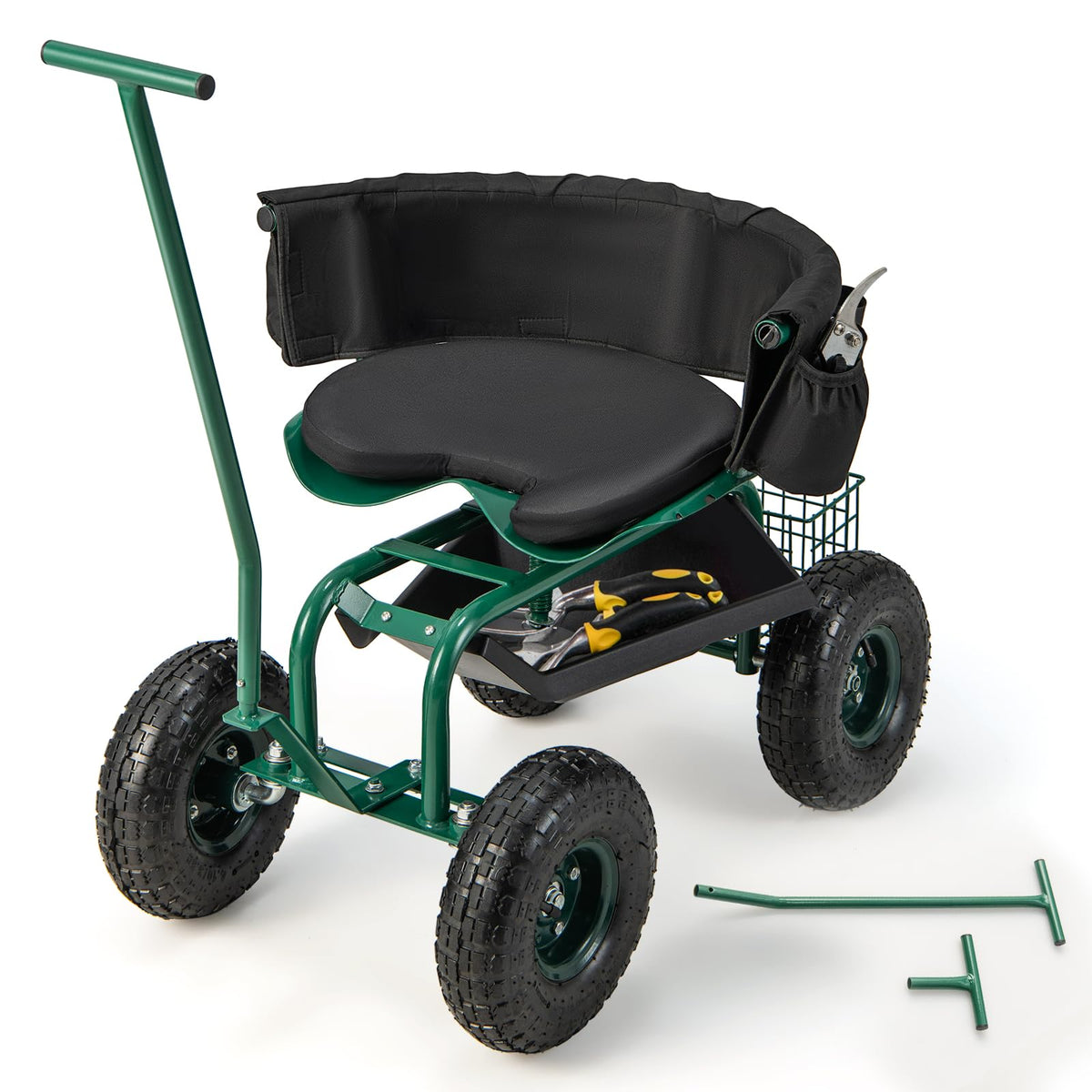 Rolling Garden Cart, Garden Scooter with Seat & Tool Storage, 2 Steering Handles